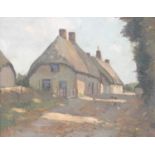 British School (20th Century) Thatched cottages in dappled sunlight with chickens in the yard