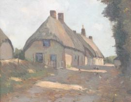 British School (20th Century) Thatched cottages in dappled sunlight with chickens in the yard