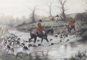 After George Wright "Crossing the Ford" "Full Cry Through the Homestead" Coloured prints; together