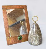 An Arts and Crafts Copper Easel Backed Mirror, with Ruskin type cabochon, 24cm by 34cm; together