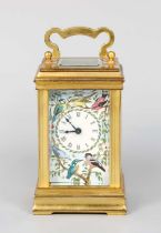 A Small Brass and Enamel Panelled Carriage Timepiece, 20th century, movement backplate stamped