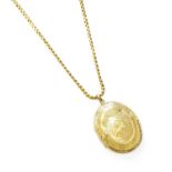 An Engraved Locket on Chain, locket measures 4.7cm by 3.0cm, chain length 73.2cm Locket unmarked,