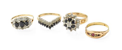 Three 9 Carat Gold Sapphire and Diamond Rings, of varying designs and sizes; together with A Ruby