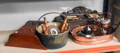 Assorted 19th Century Wooden and Metalwares, including a copper bain marie, Art Nouveau spirit