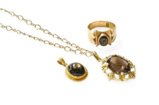 A 9 Carat Gold Smoky Quartz Pendant on Chain, pendant length 3.5cm, chain length 46.7cm; A Star