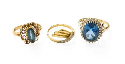 A 9 Carat Gold Blue Topaz and Diamond Cluster Ring, finger size P1/2; A 9 Carat Gold Tourmaline