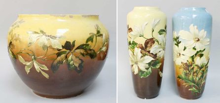 A Burmantofts Faience Jardiniere, late 19th century, naturalistically painted with a trailing band