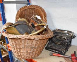 Assorted Metalwares, including three coal helmets, fire tools, copper desk lamp and a wall applique,