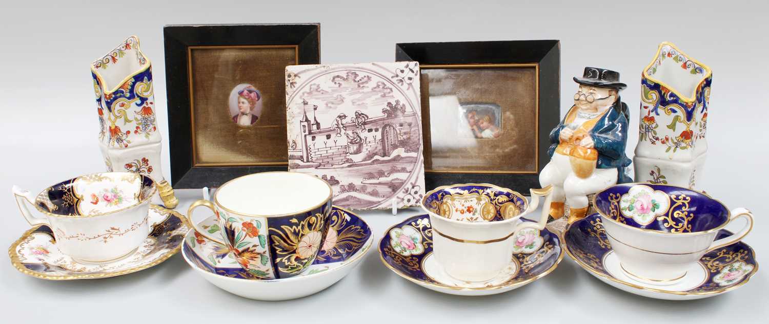 Assorted Ceramics, including an 18th century manganese Delft tile, Coalport "Batwing" cup and