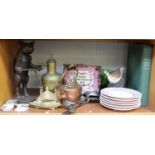 Miscellaneous Decorative Items, including a bronze standing cat, Sunderland pink lustre plaque, pink
