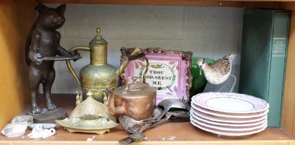 Miscellaneous Decorative Items, including a bronze standing cat, Sunderland pink lustre plaque, pink