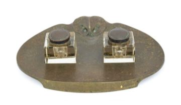 A Jugendstil Bronze Vienna Double Inkstand, cast with an owl, two cut glass inkwells, stamped