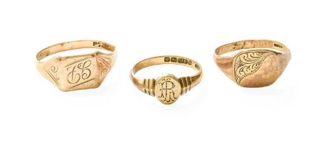 Three 9 Carat Gold Signet Rings, finger size P (other two misshapen) Gross weight 8.2 grams.