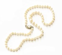 A Single Row Cultured Pearl Necklace, knotted to a cultured pearl and diamond clasp stamped '18K',