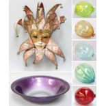 Five Murano Glass Balloon Hanging Ornaments, An Amethyst Glass Basin, and A Venetian Carnival Mask