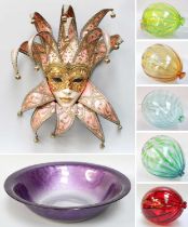 Five Murano Glass Balloon Hanging Ornaments, An Amethyst Glass Basin, and A Venetian Carnival Mask