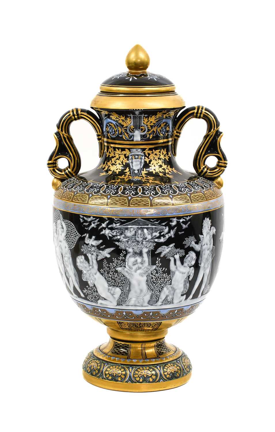 A Porcelain Twin-Handled Urn and Cover, 20th century, after a Minton pâte sur pâte original,