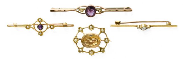 Four Brooches, comprising of a citrine and split pearl example, an aquamarine and split pearl