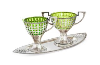 A WMF Electroplated Sugar and Cream Stand, with green glass liners, pierced decoration, stamped