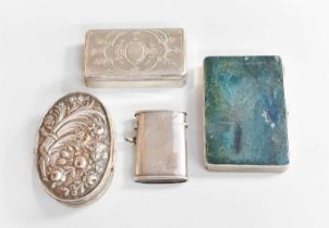 Four Various Silver Boxes, including an oval box, the hinged cover chased with flowers and