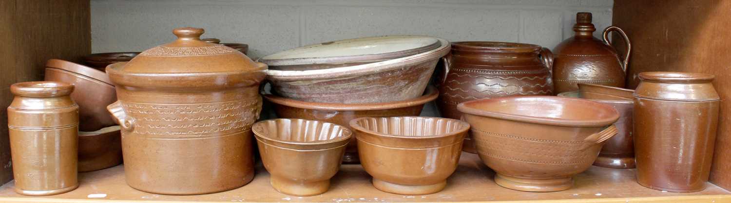 A Collection of Salt Glazed Stoneware, 19th century, various forms, including flagons, covered jars,