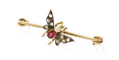A Diamond, Ruby and Pearl Brooch, the insect motif with a pearl and ruby body and wings set
