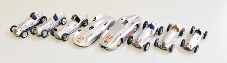 Silver Arrows Model Racing Cars, Brumm Auto Union 33 , Mercedes 37, white metal Mercedes 12, Western