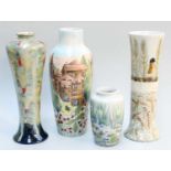 Four Cobridge Vases, including 'Lower Harts' Windmill pattern by Rachel Bishop, and another by Anita