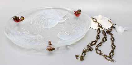 A Sabino Opalescent Glass Ceiling Bowl, decorated with birds, with rose and chains, together with