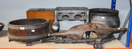 A George III Steel Footman, with cabriole supports, 39cm by 36cm by 32cm, together with A Staved Oak