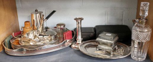 A Collection of Assorted Silver Plate, including an oval gallery tray; a hot-water pot, candlesticks
