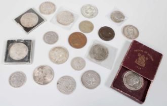 Selection of Silver Crowns and World Coins; comprising; 5x UK silver crowns, George III 1819;