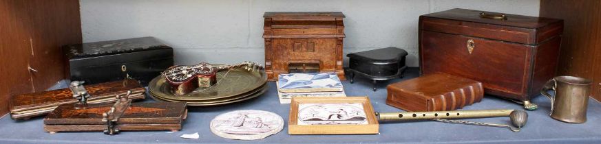 A Group of Various Decorative Items, including 18th century delft tiles, Regency tea caddy, inlaid