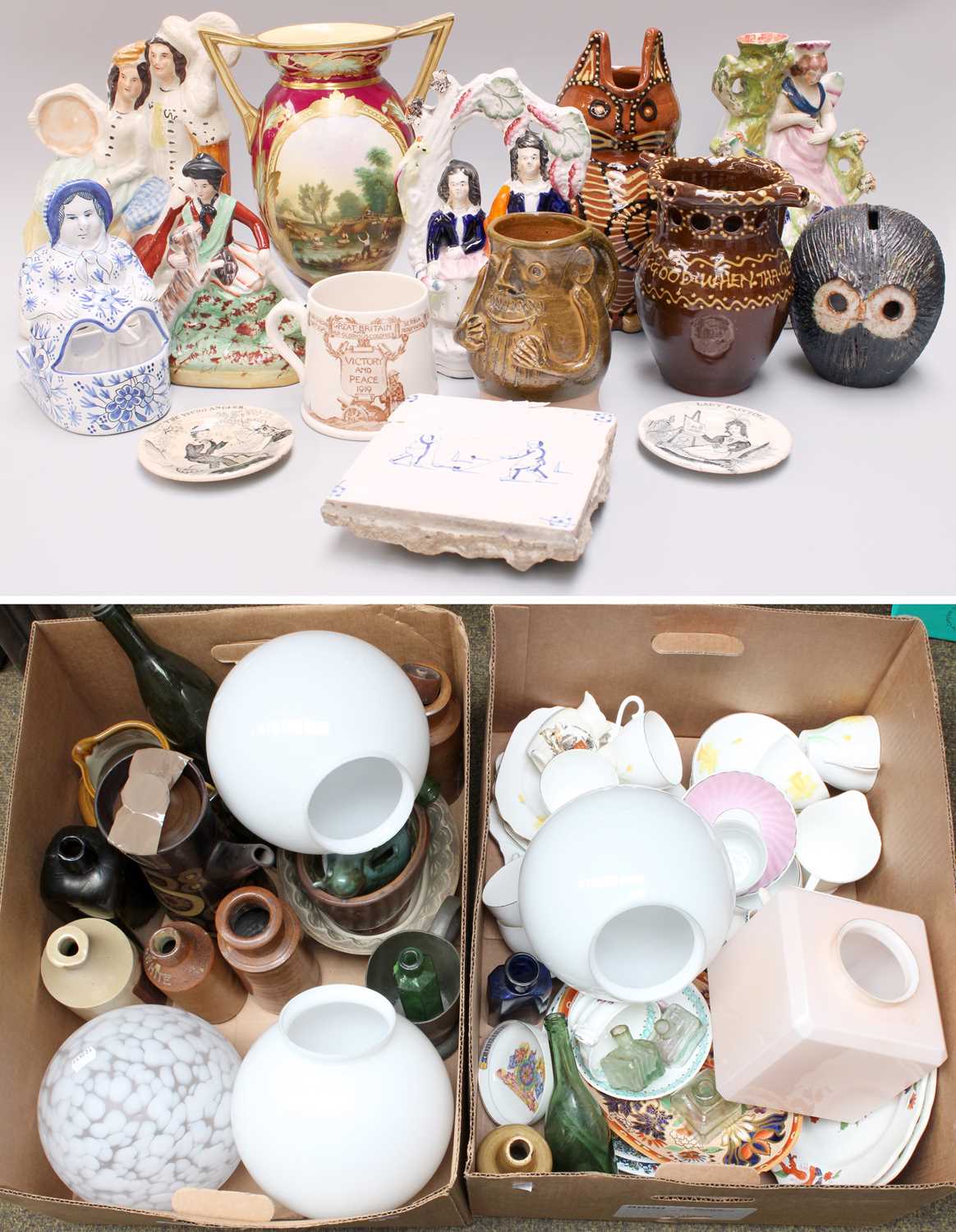 Assorted Ceramics, including an early Victorian porcelain vase with titled landscape "Sheep