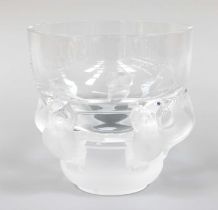 A Modern Lalique Glass Vase, Hiboux pattern, with five frosted owls at the base, signed, 13.5cm Good