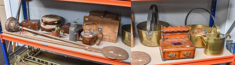 A Collection of Wooden Items and Metalwares, including a Victorian bakers peel, copper posser, hot