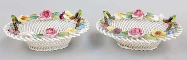 A Pair of English Porcelain Baskets, first half of the 20th century, with rustic branch formed