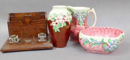 An Oak Desk Stand, early 20th century, together with Three Pieces of Maling Pottery (one tray)