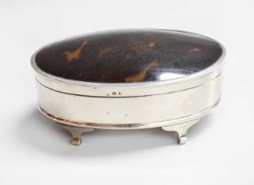A George V Silver and Tortoiseshell Jewellery-Box, Birmingham, 1921, oval and on four tapering feet,