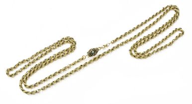 A Fancy Link Chain, the textured links with a filigree and turquoise clasp, length 129cm Unmarked.