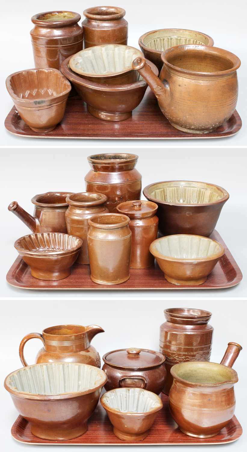 A Collection of Salt Glazed Stoneware, 19th century, various forms, mainly jelly moulds, including