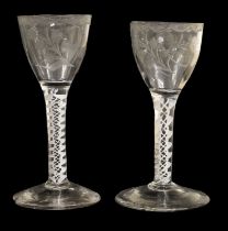 A Wine Glass, circa 1760, the ovoid bowl engraved with flower sprigs below a swag border on an