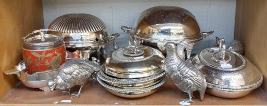 A Collection of Assorted Silver Plate, including two tureens with revolving covers; various entree-