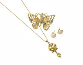 A 9 Carat Gold Diamond Butterfly Brooch, length 4.1cm; A 9 Carat Gold Peridot on Chain, pendant