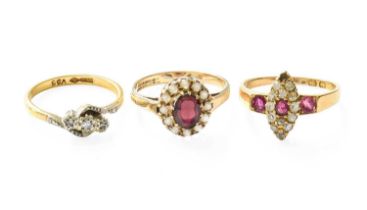 An 18 Carat Gold Ruby and Diamond Cluster Ring, finger size O (a.f.); A Diamond Three Stone Twist