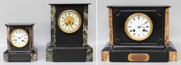 Three Victorian Black Slate Striking Mantel Clocks Largest  - 33.5cm high, next one, 22cm high,