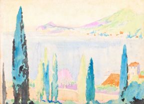 Circle of Paul Signac Mediterranean lake with Cypress trees Watercolour, 19cm by 26cm (unframed)