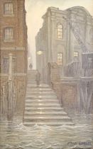 Steven Scholes (b.1952) "Wapping, New Stairs, London, 1958" Signed, inscribed verso, oil on