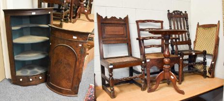 An 18th Century Oak Side Chair, carved and moulded, with drop-in rope work seat, together with A