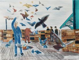 Alistair Grant ARCA, RBA (1925-1997) "Pigeon Racing" Lithograph inspired by the Guinness Book of